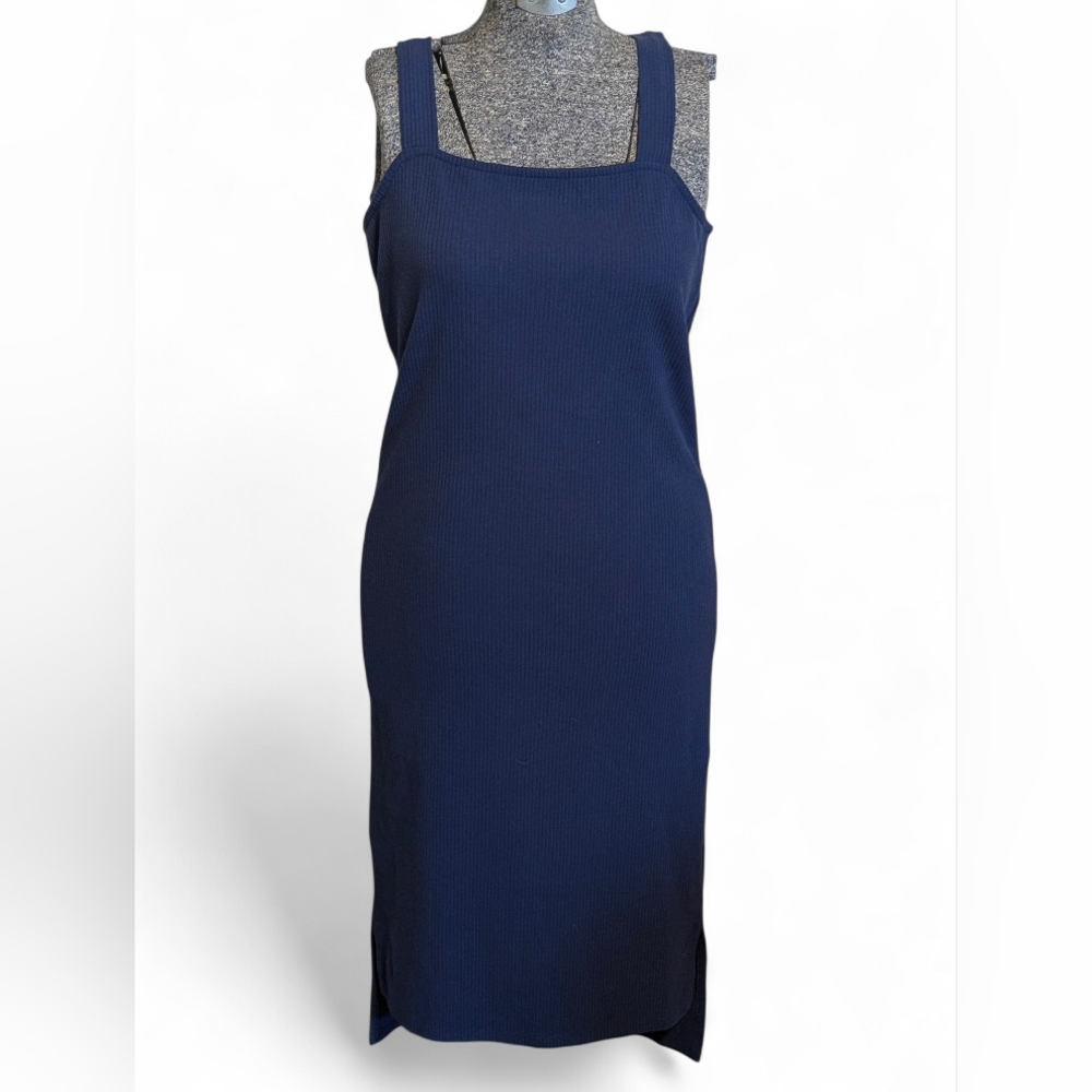 ✨ NWT The Drop Amelia Ribbed Midi Dress Navy Blue Square Neck Slit Size M ✨ - Picture 2 of 8